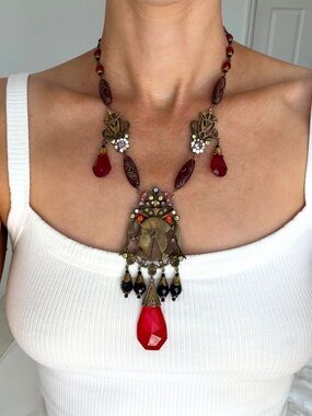 Vintage Art Deco Czech Egyptian Revival Brass & Red Glass Statement Necklace